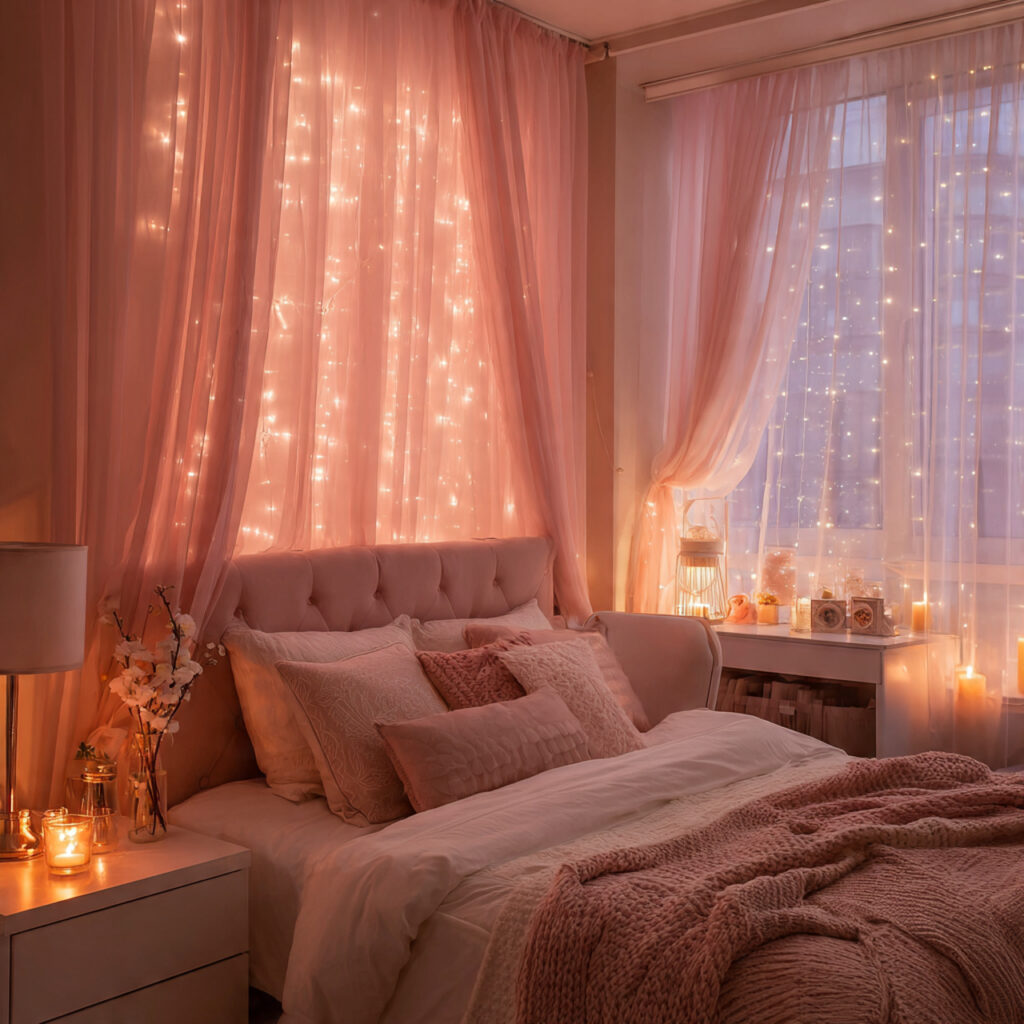 Pink Fairy Light and Sheer Curtain Bedroom Setup