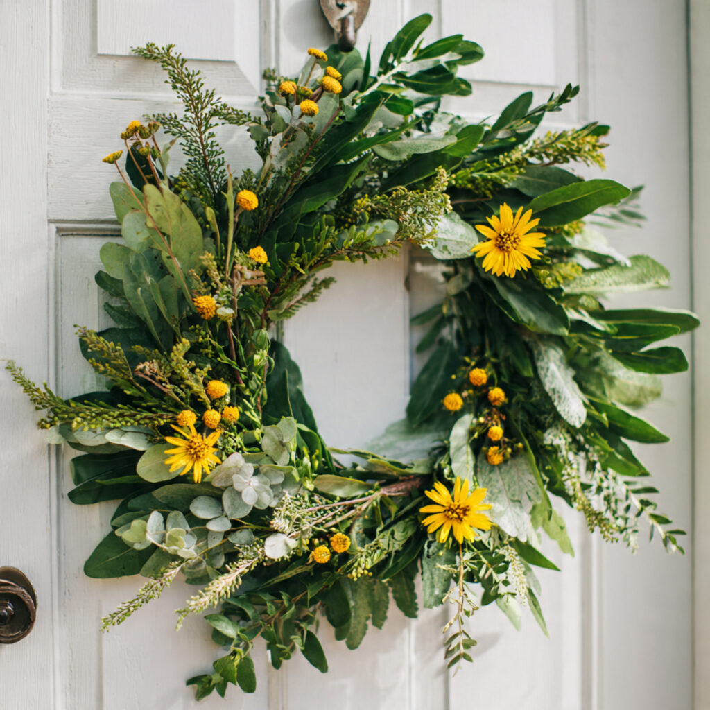 A Mixed Greenery Wreath With Bright Accents