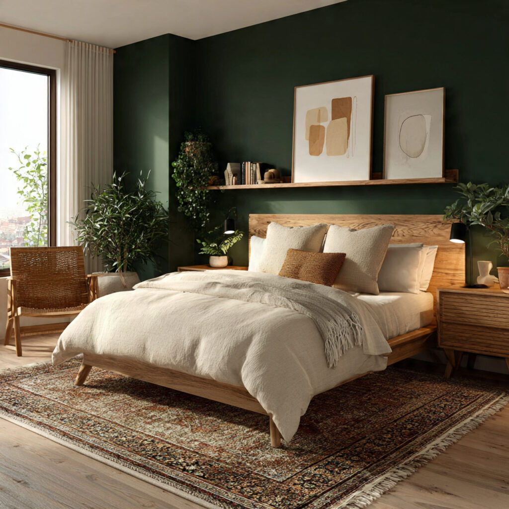 24 Bedroom Ideas for Men That Look Clean, Stylish, and Masculine Upgrade Your Space Today 9 Moody Green and Natural Material Bedroom