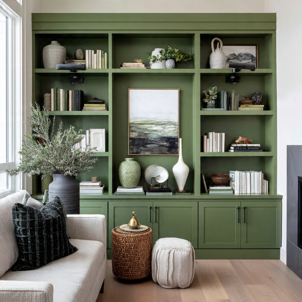 26 Green Bedroom Ideas That Bring Nature, Calm, and Fresh Energy Into Your Bedroom Try This Look 9 Use Green Painted Built-In Shelves or Cabinetry