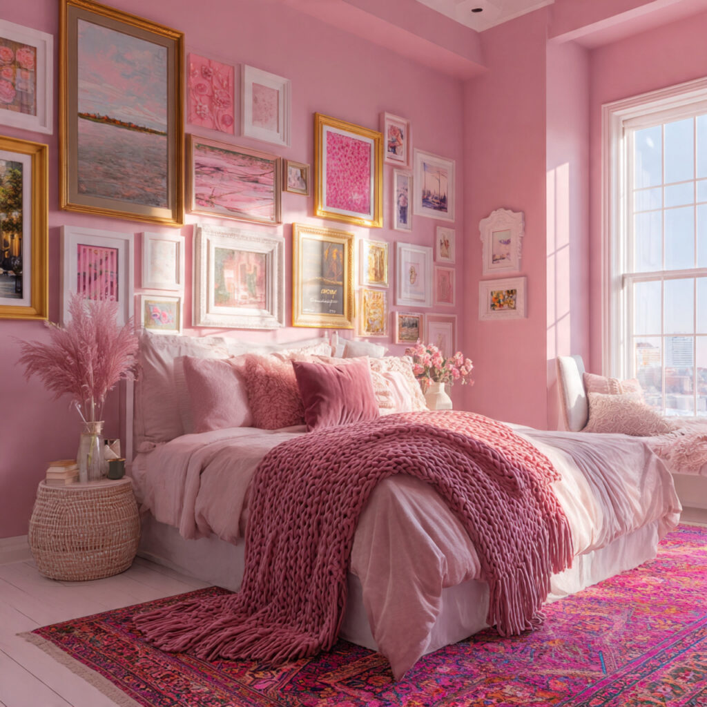 Pink Maximalist Gallery Wall and Layered Bedding Setup
