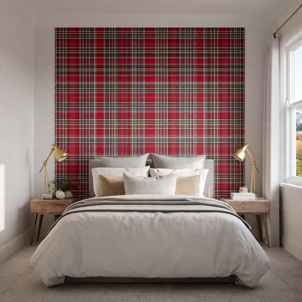 Classic Plaid and Tartan Accent Wall Bedroom
