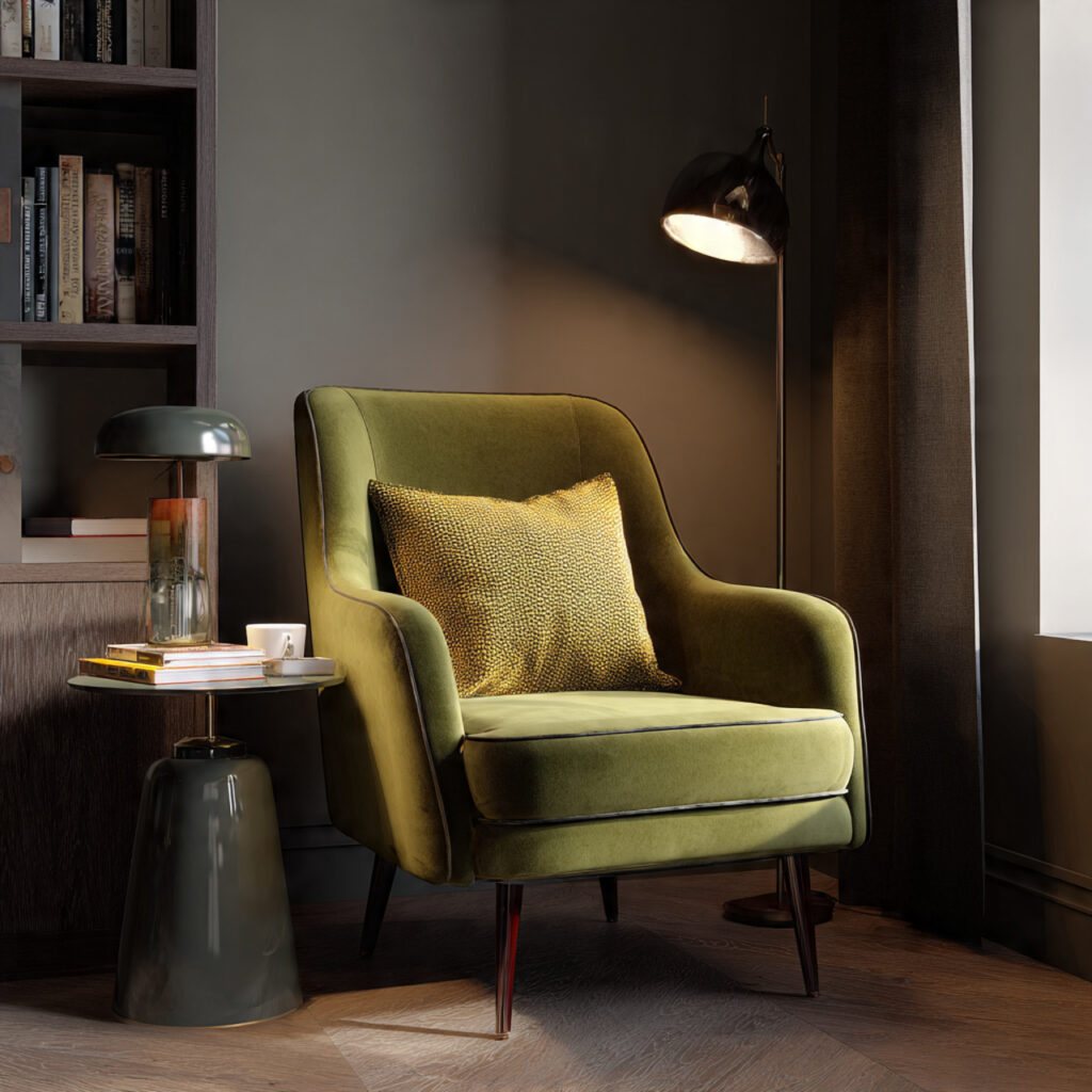 26 Green Bedroom Ideas That Bring Nature, Calm, and Fresh Energy Into Your Bedroom Try This Look 10 Bring In an Olive Green Velvet Accent Chair