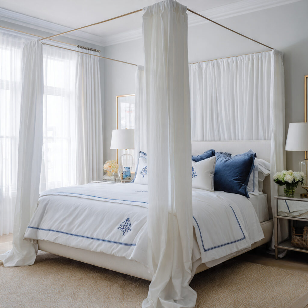 White Canopy Bed With Navy Monogram Bedding Setup