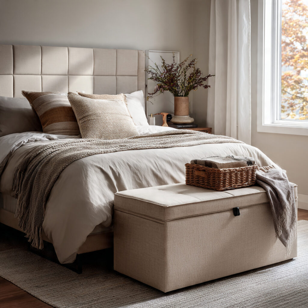 29 Bedroom Organization Ideas That Make Your Room Look Bigger, Cleaner and Pinterest Worthy 13 A Bedroom Bench or Ottoman With Storage