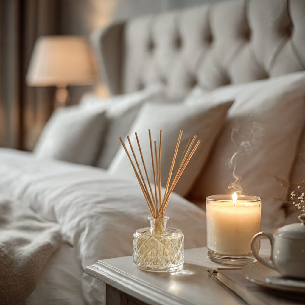 27 Budget Bedroom Makeover Ideas That Look Expensive Try These Today 23 calm bedroom scene with a reed diffuser and a soft