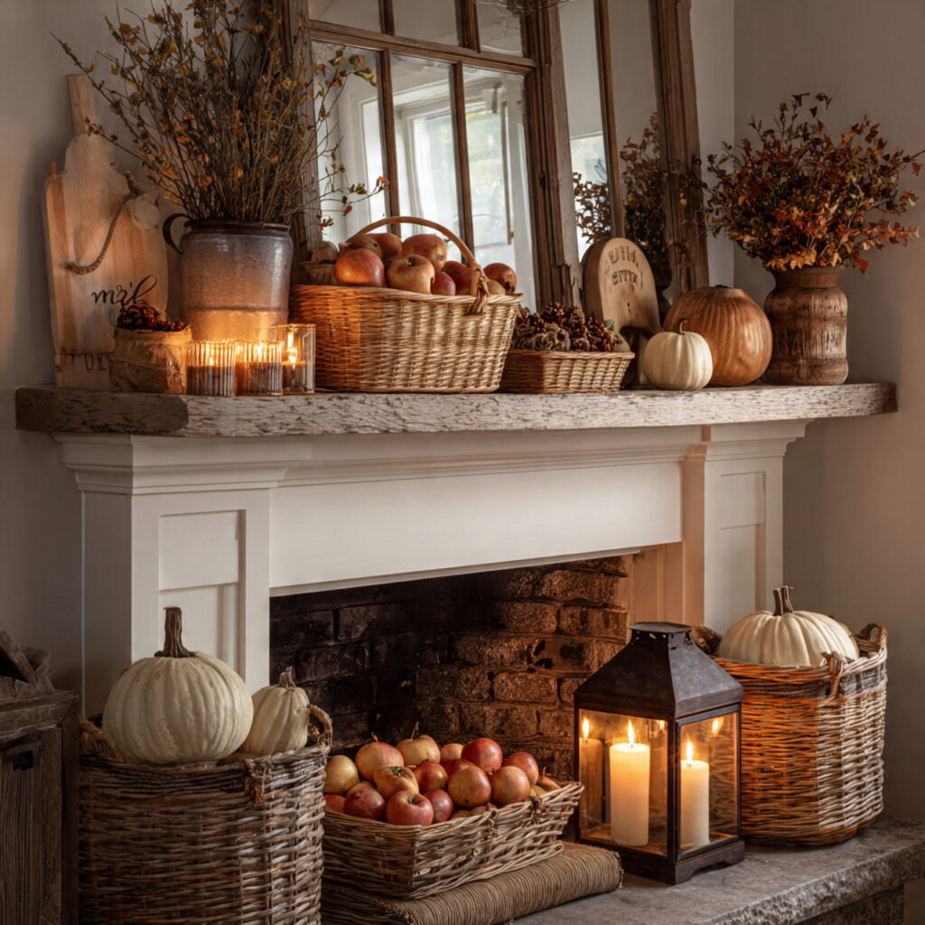 22 Fall Mantel Decorating Ideas for a Cozy Seasonal Refresh 20 Harvest Basket Display