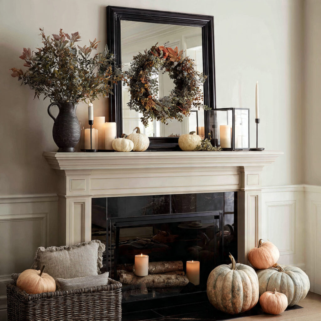 22 Fall Mantel Decorating Ideas for a Cozy Seasonal Refresh 14 Mirror with Wreath Overlay