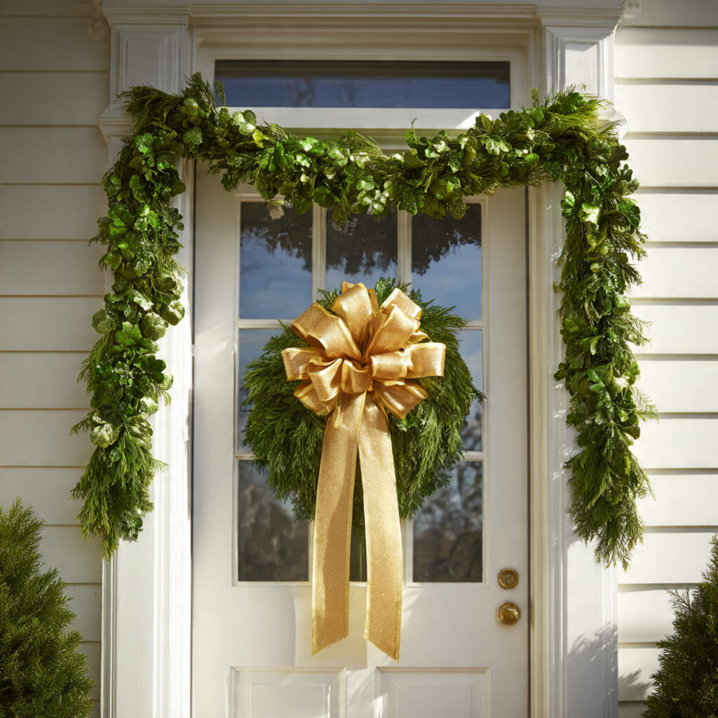 A Green and Gold Ribbon Door Swag