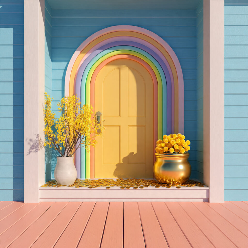 A Rainbow and Pot of Gold Doorstep Scene