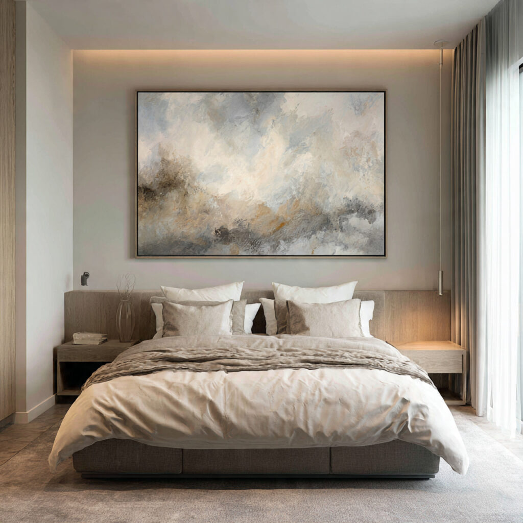 27 Modern Bedroom Ideas That Create a Sleek, Elegant, and Pinterest-Perfect Space Instantly 4 Use a Single Large Piece of Oversized Wall Art