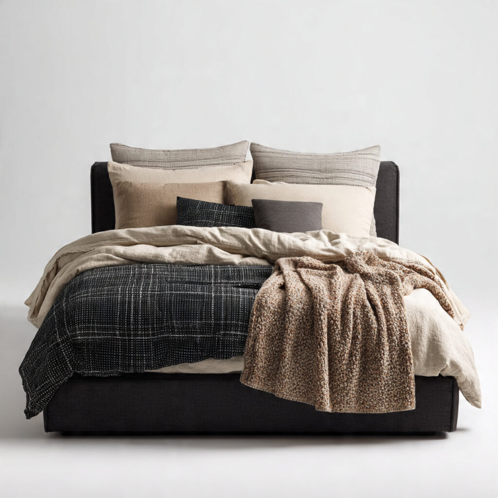 24 Bedroom Ideas for Men That Look Clean, Stylish, and Masculine Upgrade Your Space Today 4 Layered Textured Bedding and Pillow Setup