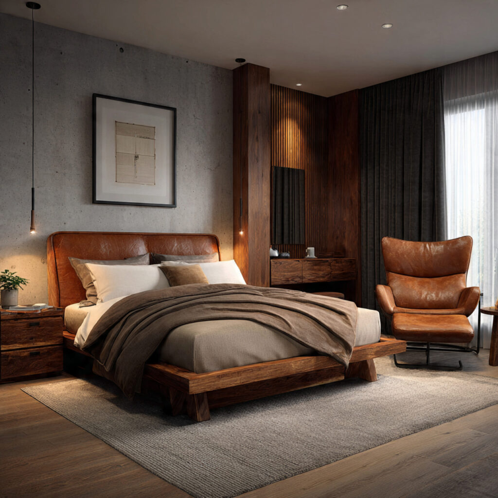 24 Bedroom Ideas for Men That Look Clean, Stylish, and Masculine Upgrade Your Space Today 5 Warm Wood and Leather Material Combination