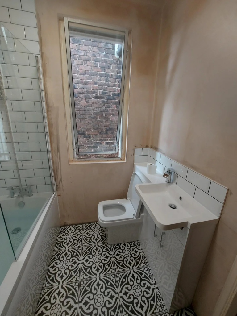 The Bathroom: Pale Sky Blue, White, and Sage