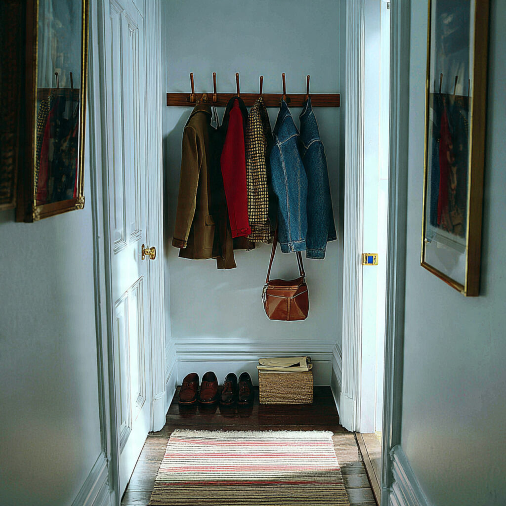 21 Tiny Entryway Storage Ideas That Make Small Spaces Look Stylish and Functional 4 A Single Row of Evenly Spaced Shaker Hooks
