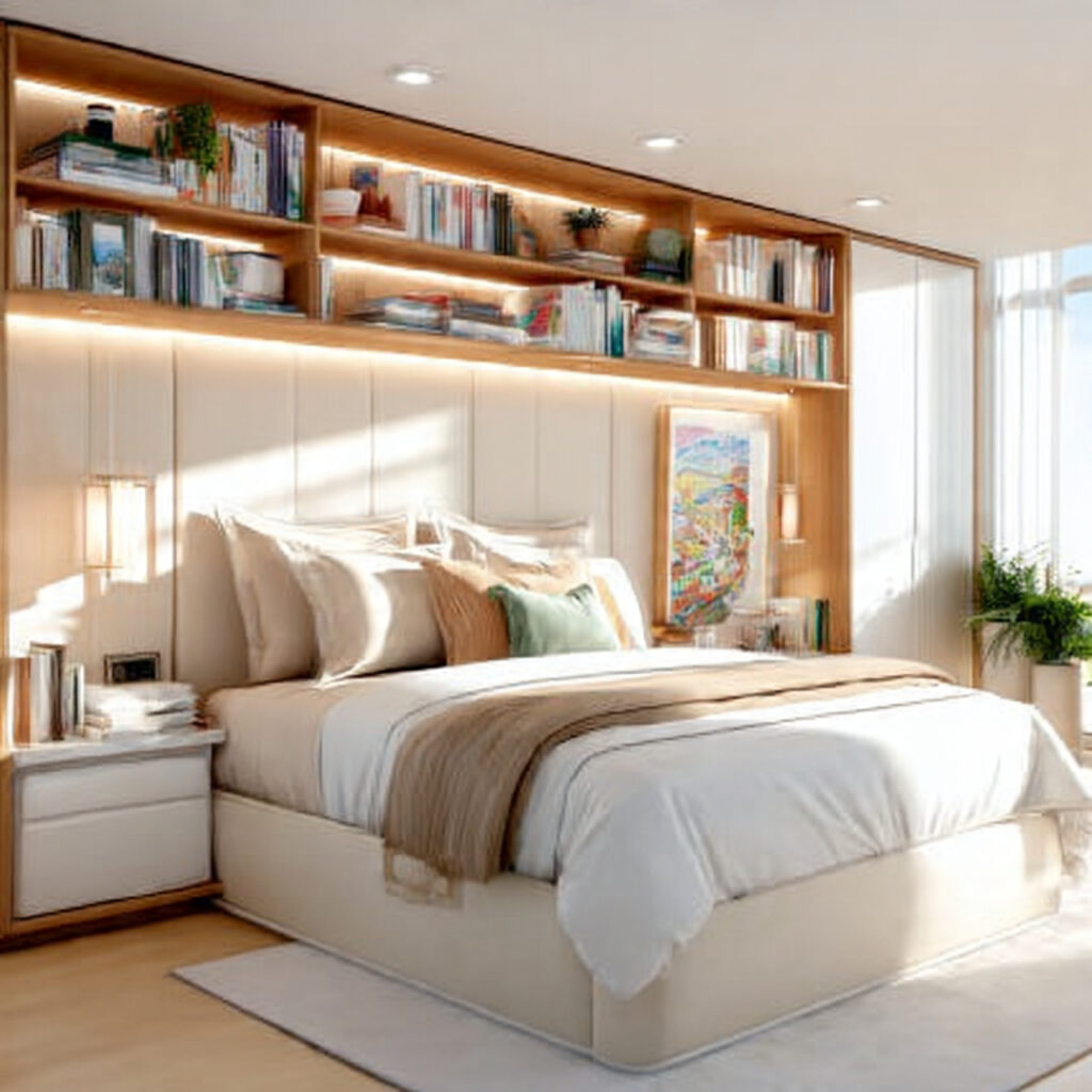 29 Bedroom Organization Ideas That Make Your Room Look Bigger, Cleaner and Pinterest Worthy 16 A Wall-Mounted Bedhead With Integrated Storage