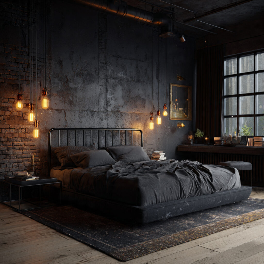 24 Bedroom Ideas for Men That Look Clean, Stylish, and Masculine Upgrade Your Space Today 2 Dark and Moody Industrial Setup