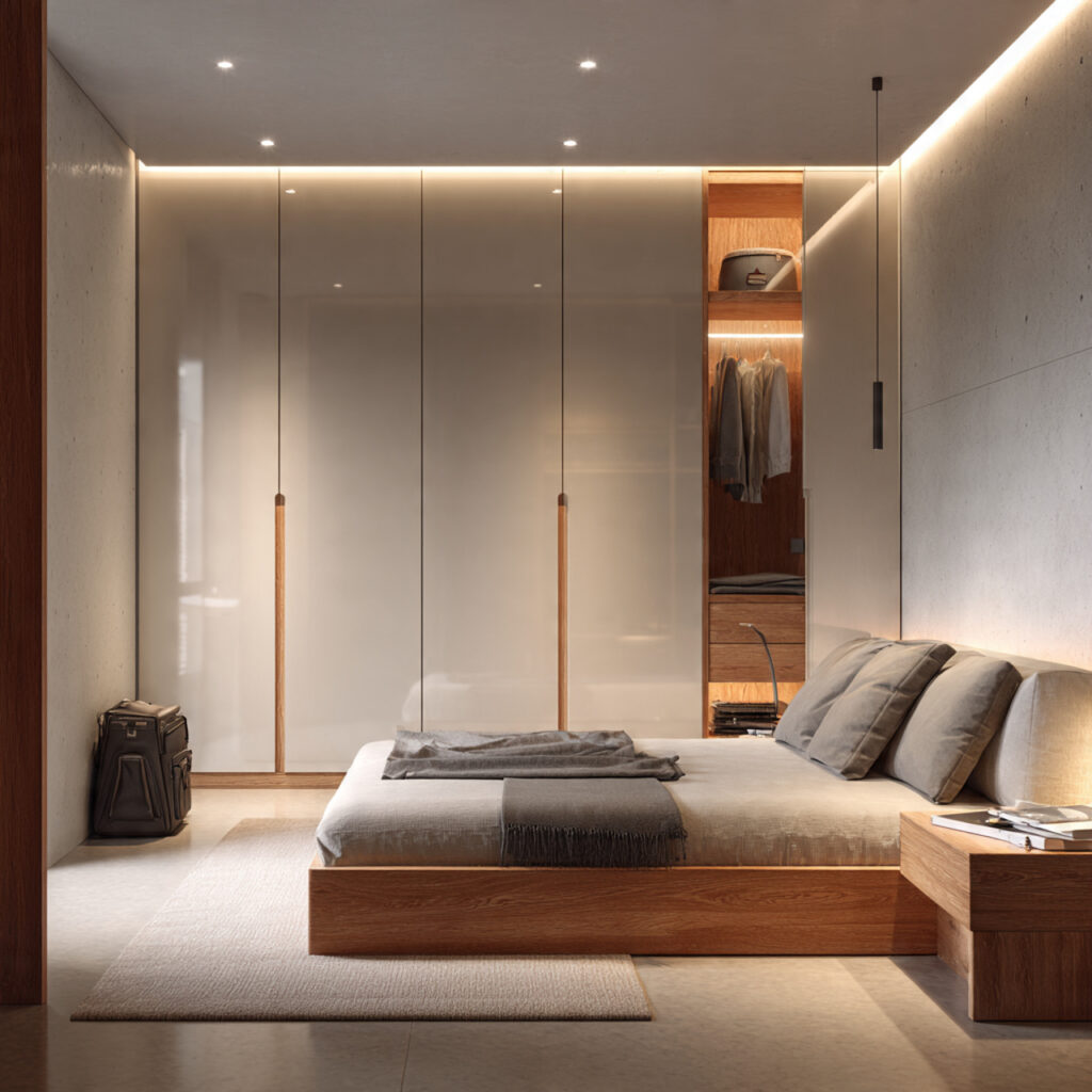 27 Modern Bedroom Ideas That Create a Sleek, Elegant, and Pinterest-Perfect Space Instantly 9 Choose a Handleless or Integrated Wardrobe