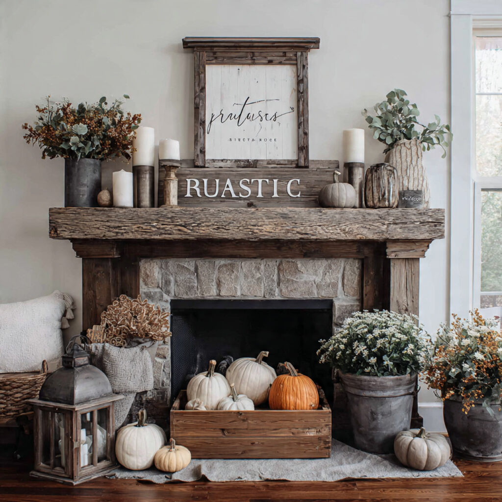22 Fall Mantel Decorating Ideas for a Cozy Seasonal Refresh 8 Rustic Wood Sign Centerpiece