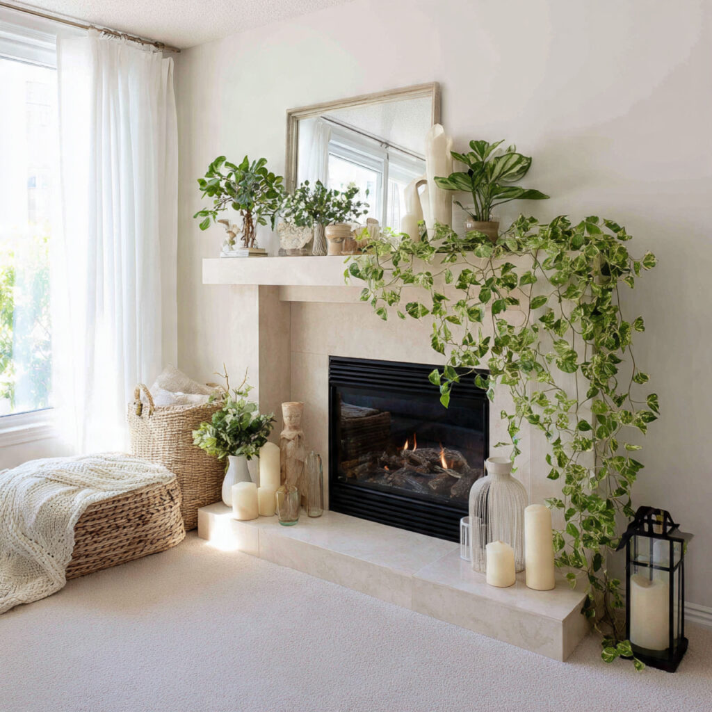 A Trailing Plant Cascading Over the Mantel Edge