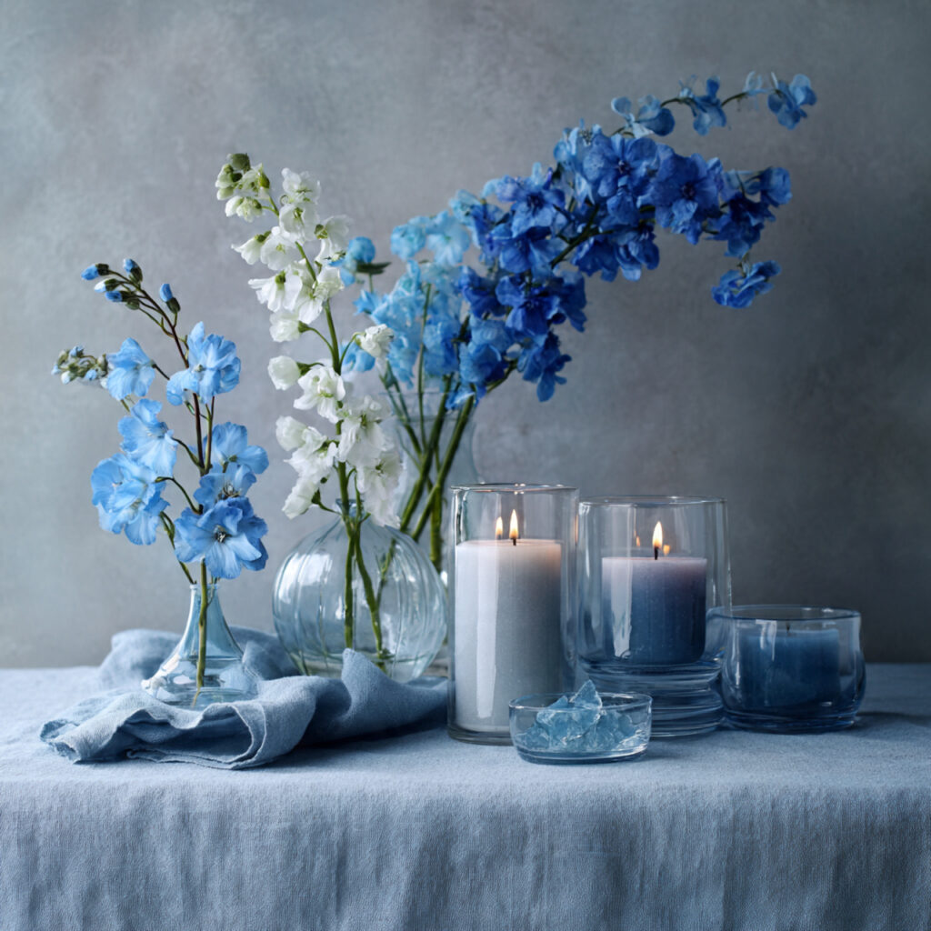 19 April Showers Table Decorations That Create a Fresh Rainy Spring Theme Start Styling Your Table Today 2 Blue and Grey Linen Table With Raindrop Glass Vessel Centerpiece