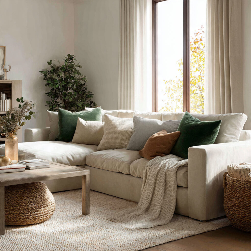 17 Cozy Summer Living Room Ideas That Feel Relaxing and Stylish Start Decorating Now 2 Deep Seat Sofa With Linen and Velvet Cushion Mix