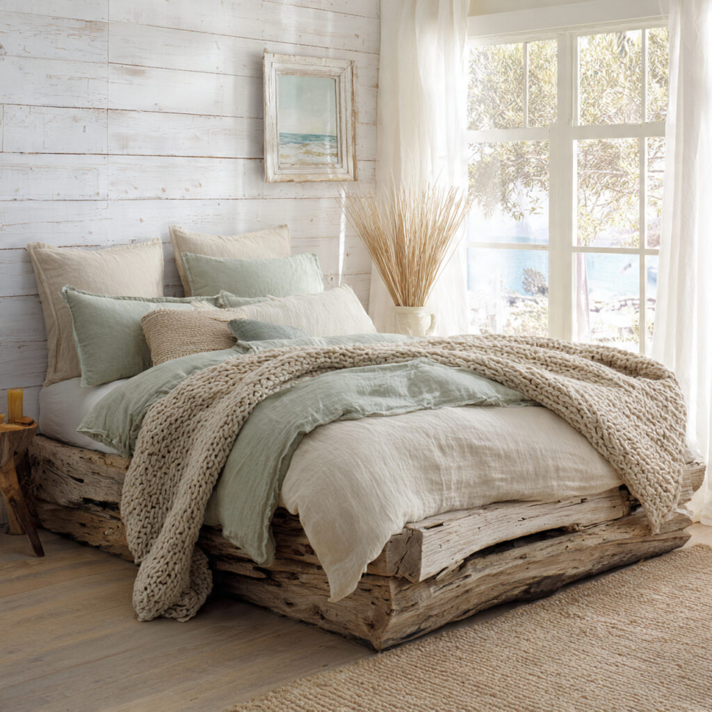 Driftwood-Toned Bed Frame With Linen Layered Bedding