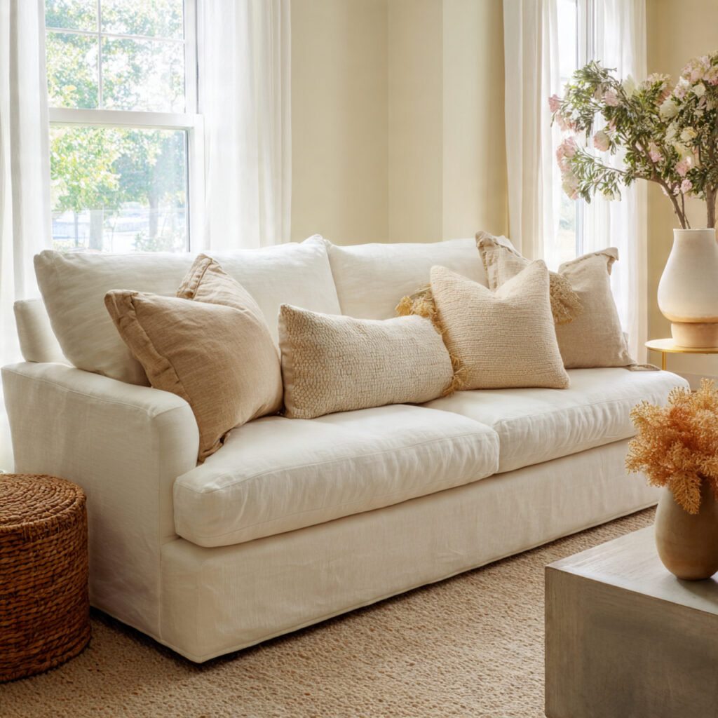 Ivory Linen Sofa With Warm Tonal Cushion Layering