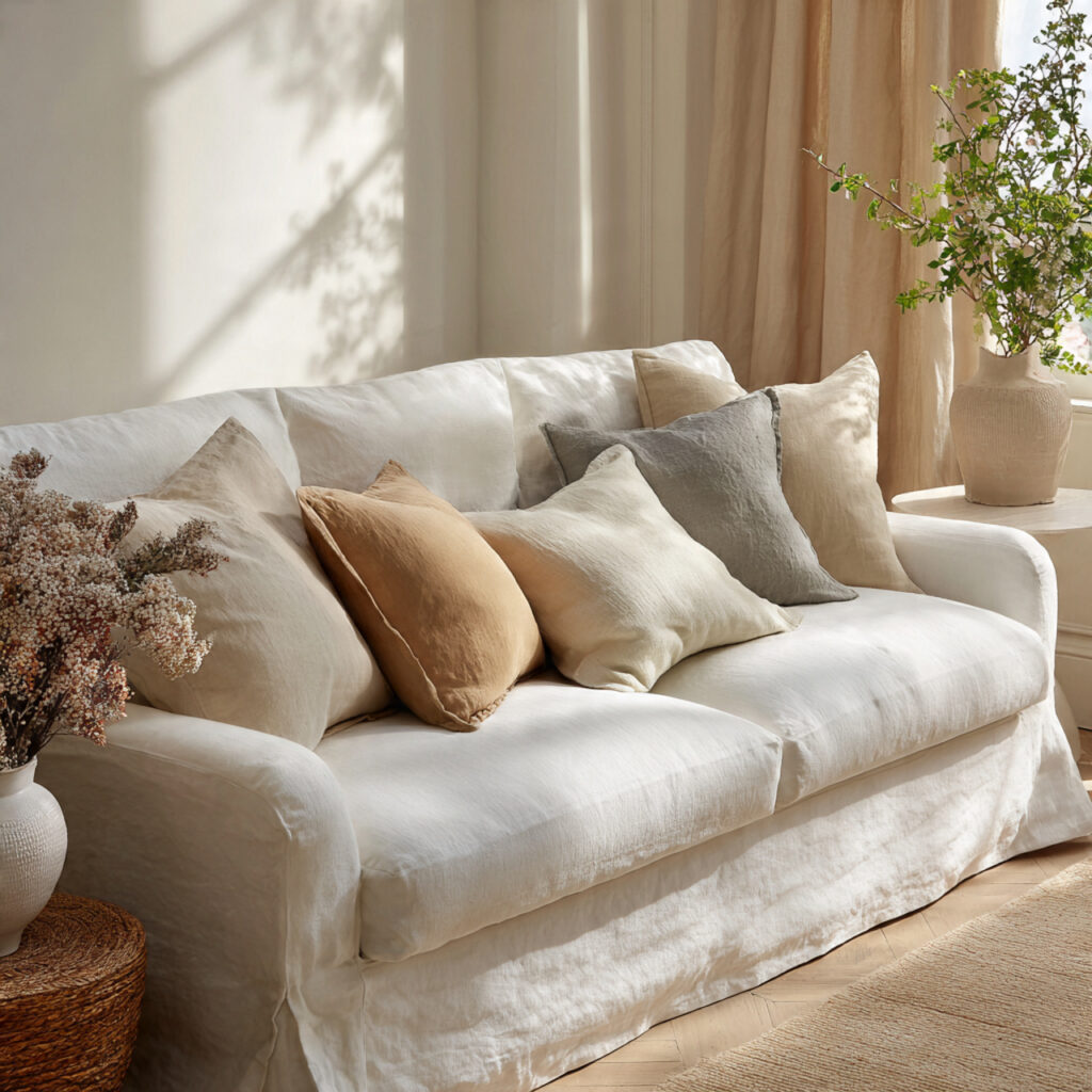 Linen Slipcover Sofa With Layered Neutral Cushions