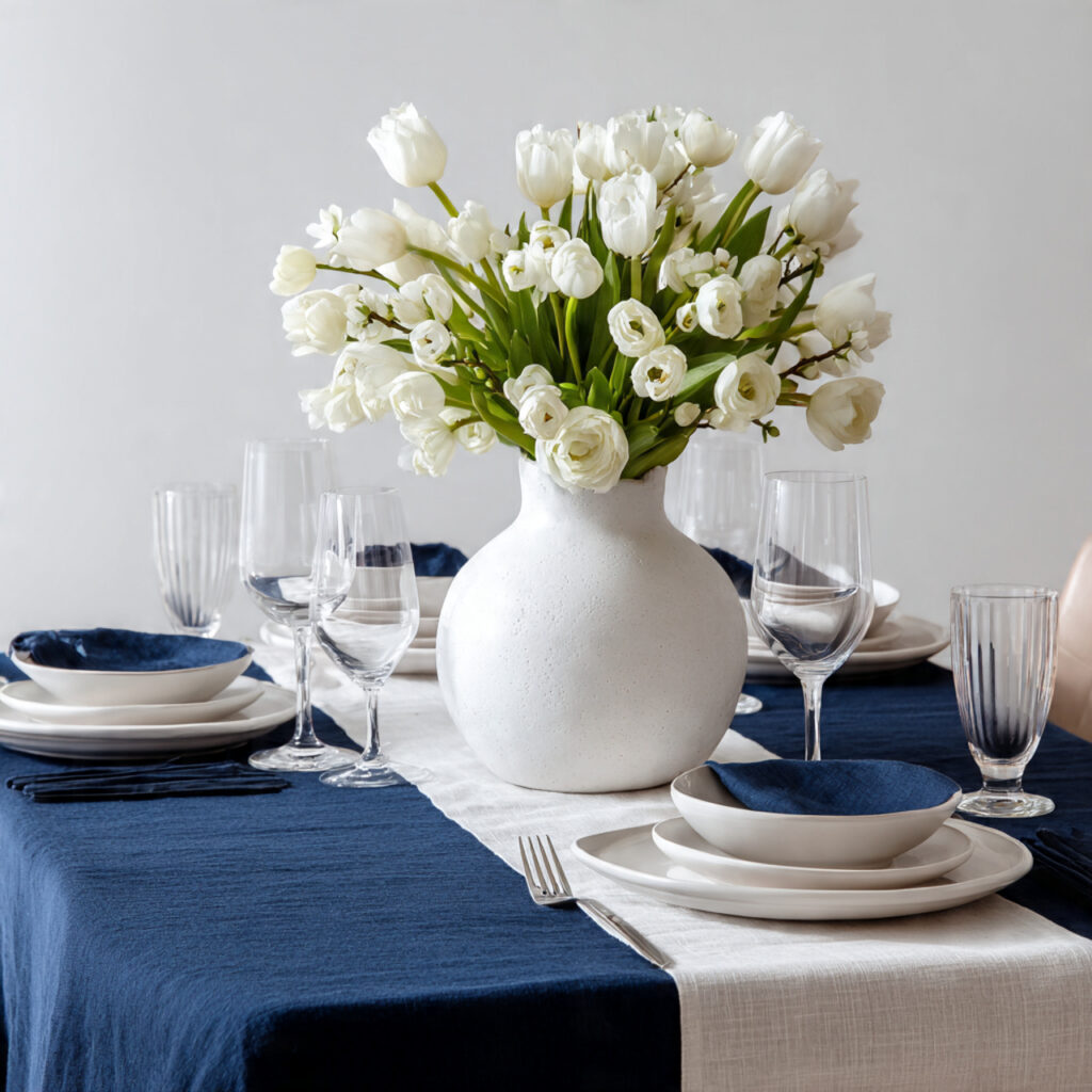 Navy and White Linen Table Setup With White Spring Blooms