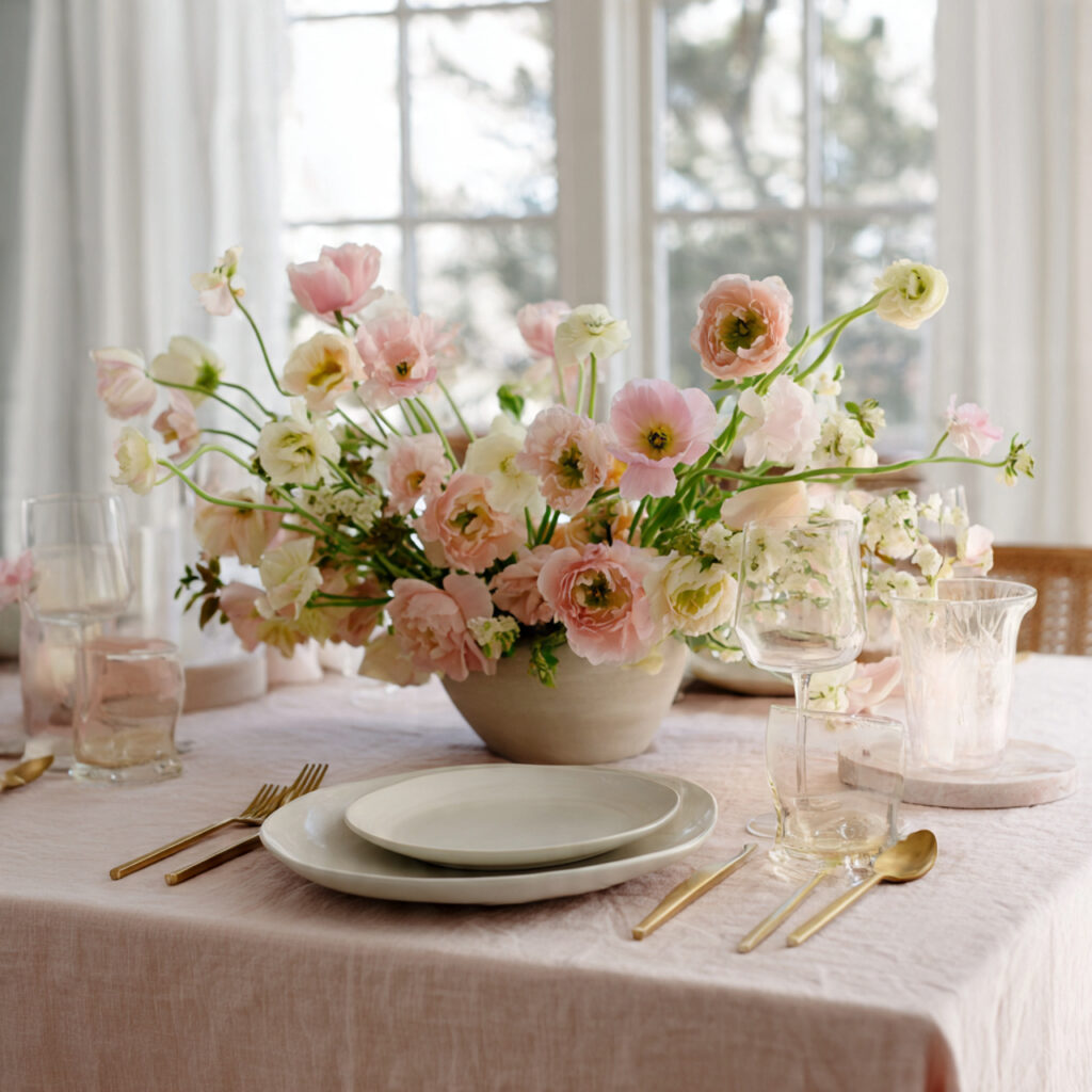 Pastel Linen Tablecloth With Mixed Bloom Centerpiece