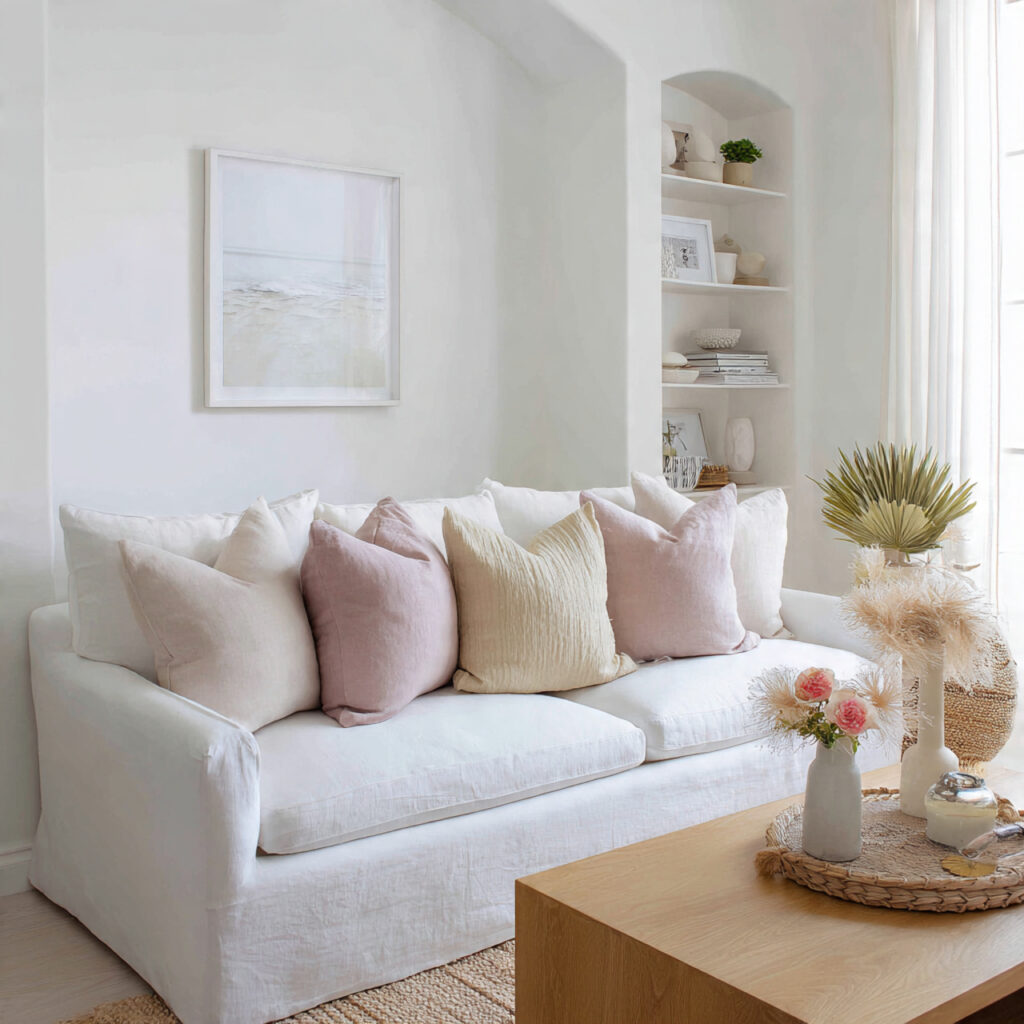 Soft Blush and Warm White Linen Sofa Styling