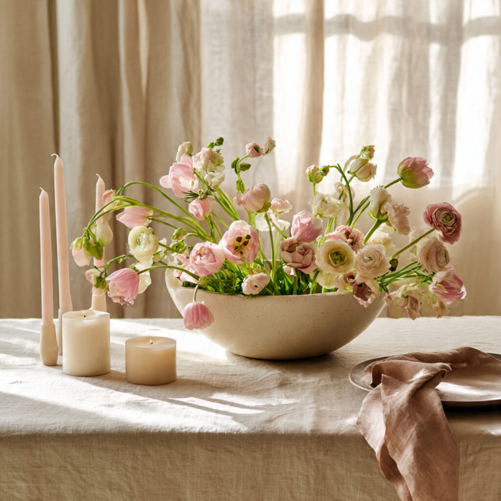 Spring Bloom Centerpiece With Layered Linen Base