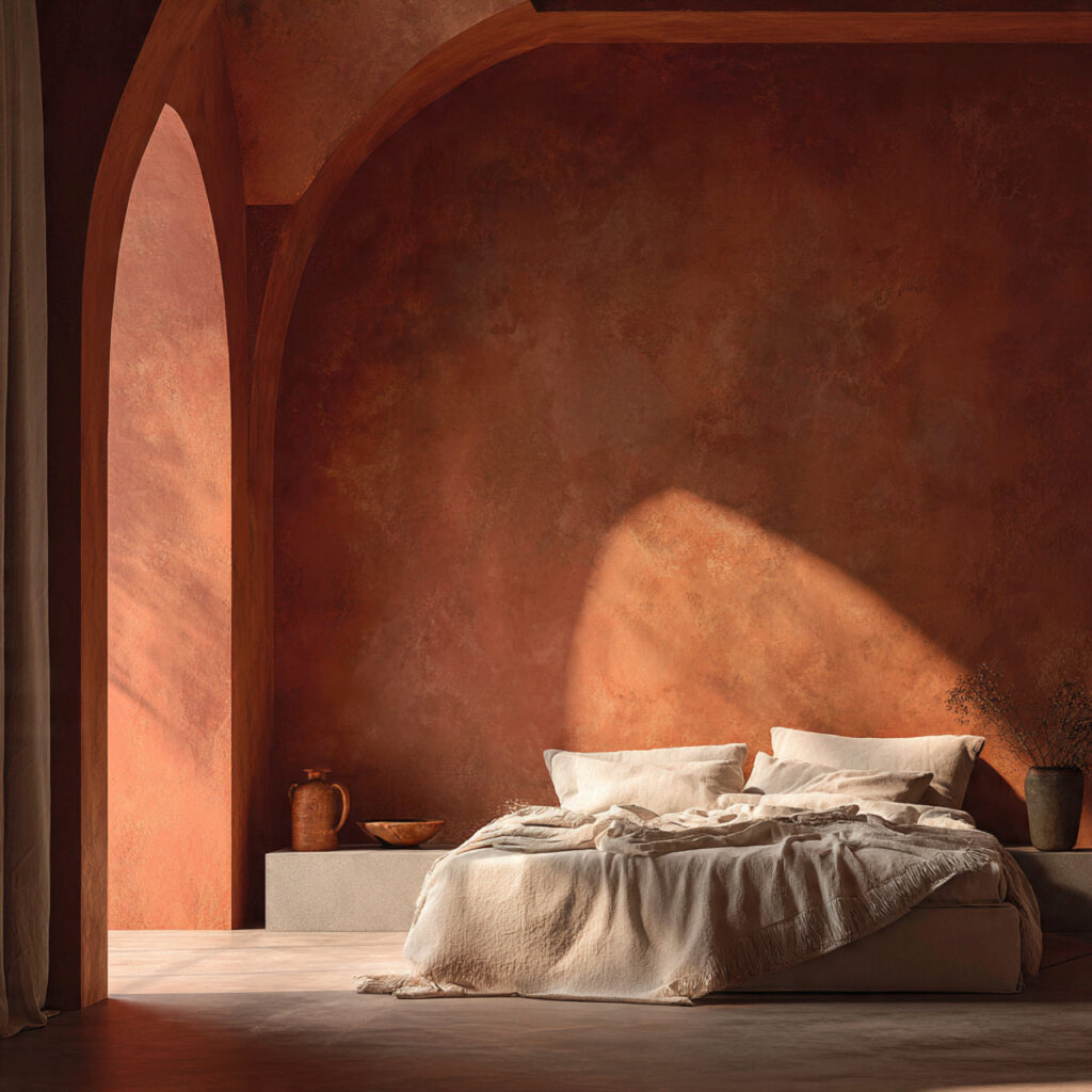 Terracotta Plaster Wall Finish With Warm White Trim