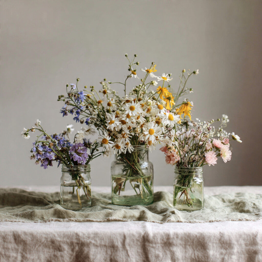 Three-Jar Wildflower Centerpiece on a Linen Runner