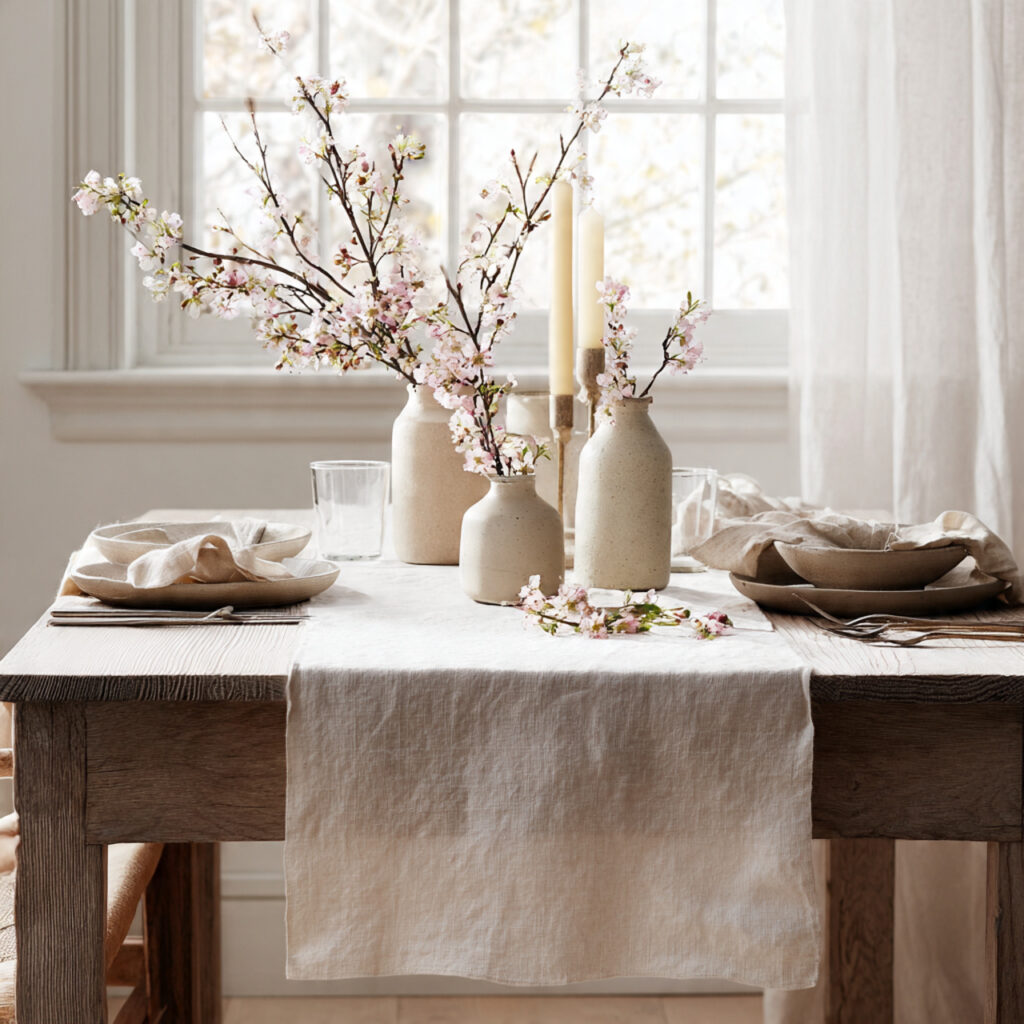 Washed Linen Runner With Loose Spring Bloom Styling