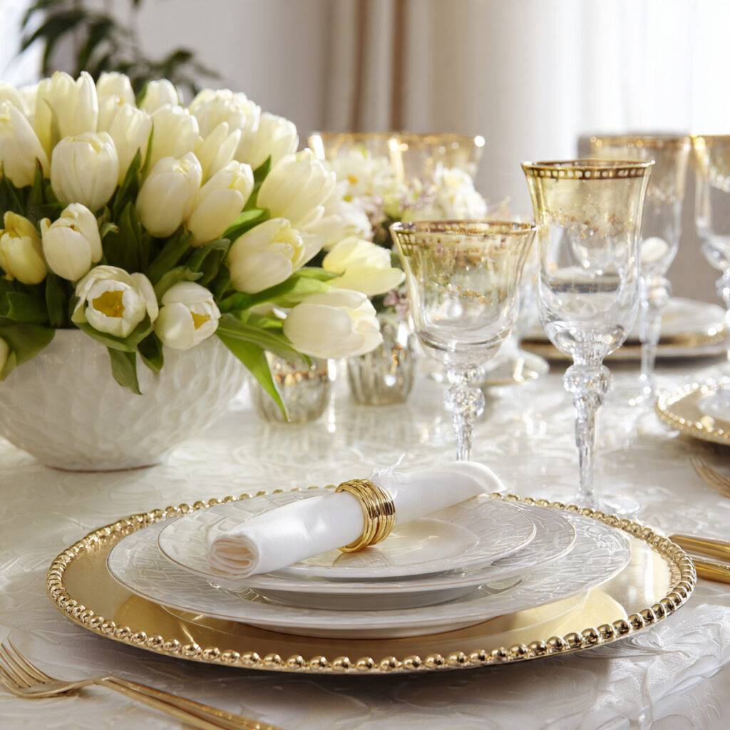 12 April Table Setting Ideas That Create a Bright and Elegant Spring Dining Experience You Must Try 2 Classic White and Gold Layered Place Setting With Spring Florals