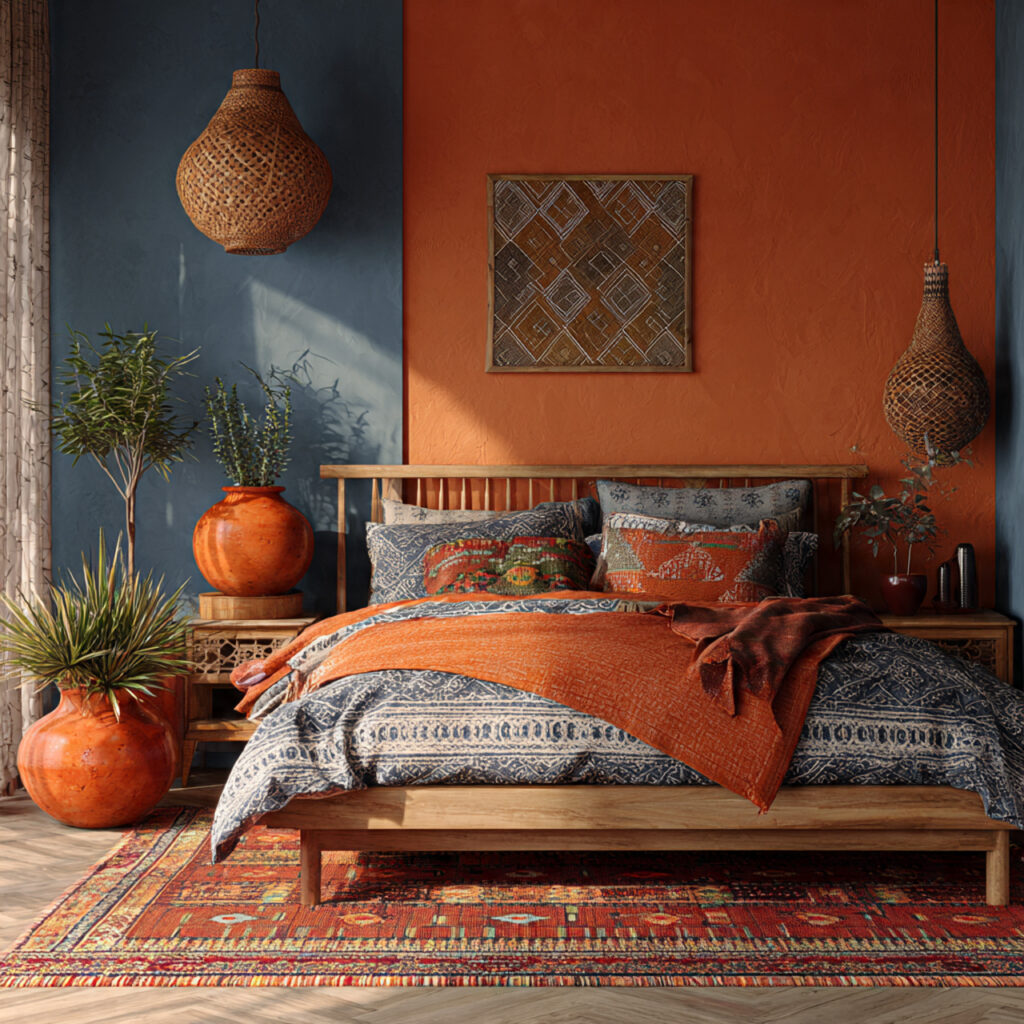 Blue and Terracotta Summer Bedroom With Global Boho Accents