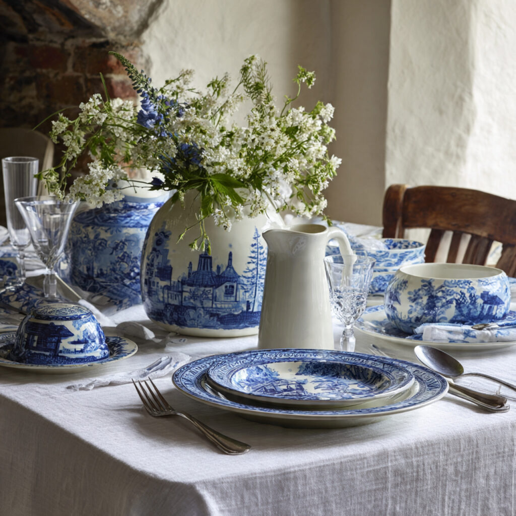Blue Willow Pattern Plates With White Linen and Garden Flowers
