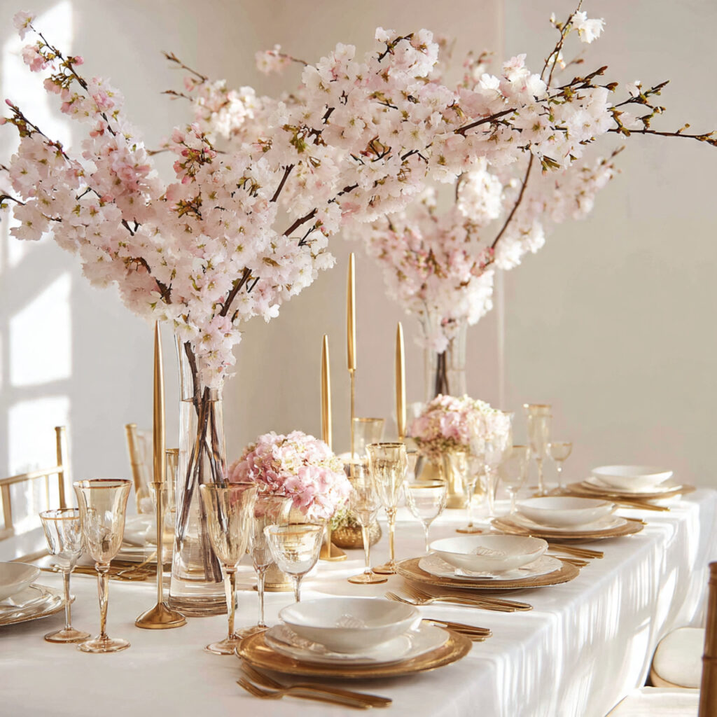 Elegant White and Gold April Table With Cherry Blossom Branches