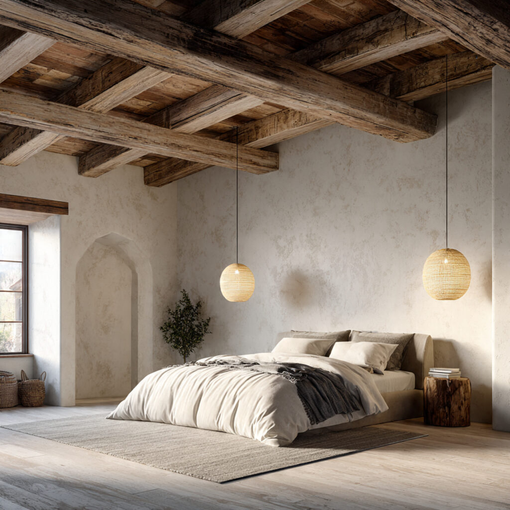 Rustic Exposed Beam Ceiling With Warm Pendant Lighting