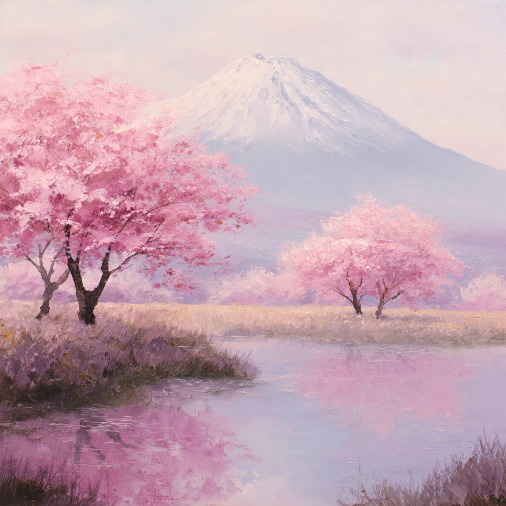 Japanese Spring Scene With Mount Fuji and Sakura