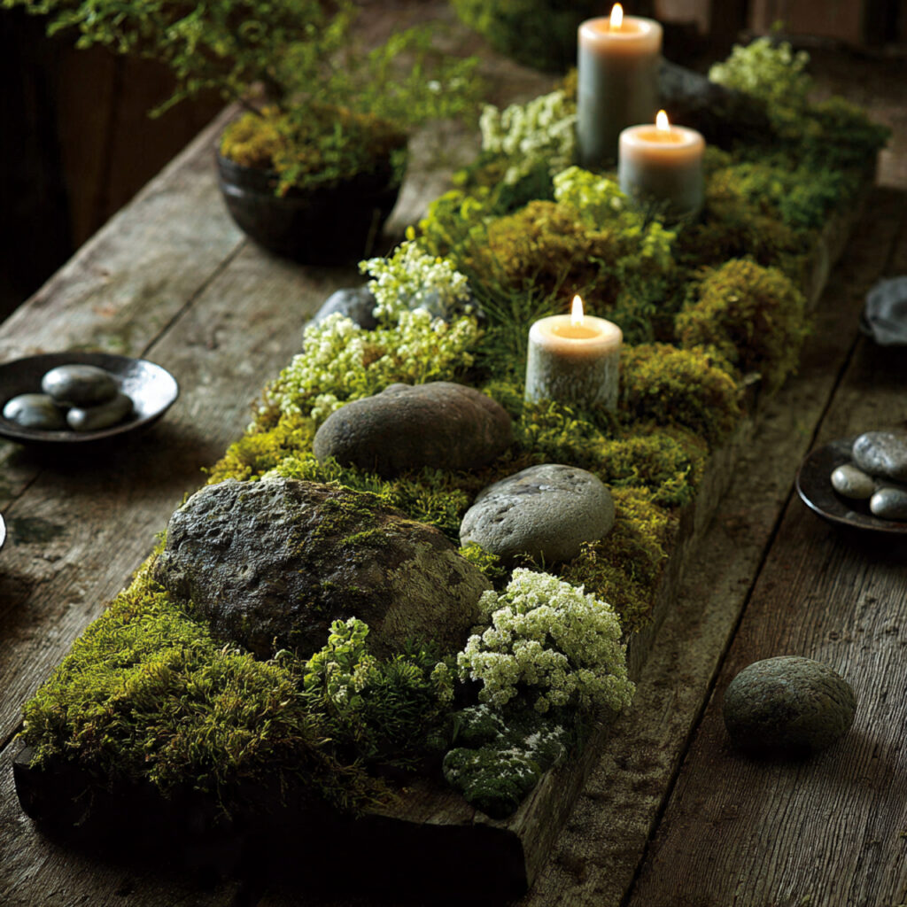19 April Showers Table Decorations That Create a Fresh Rainy Spring Theme Start Styling Your Table Today 11 Petrichor-Inspired Neutral Table With Moss and Stone Centerpiece