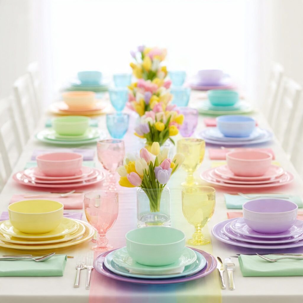 12 April Table Setting Ideas That Create a Bright and Elegant Spring Dining Experience You Must Try 11 Rainbow Pastel Place Setting With Individual Bud Vases