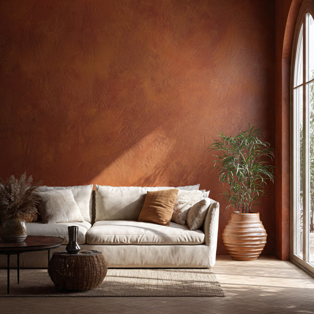 17 Cozy Summer Living Room Ideas That Feel Relaxing and Stylish Start Decorating Now 11 Textured Plaster or Limewash Wall in Deep Warm Clay