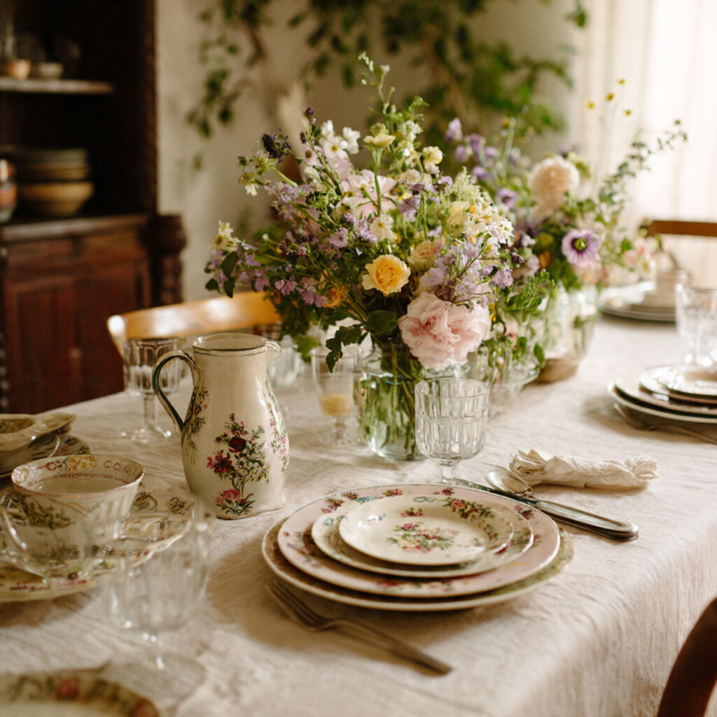 Vintage Floral China Display With Mismatched Spring Styling