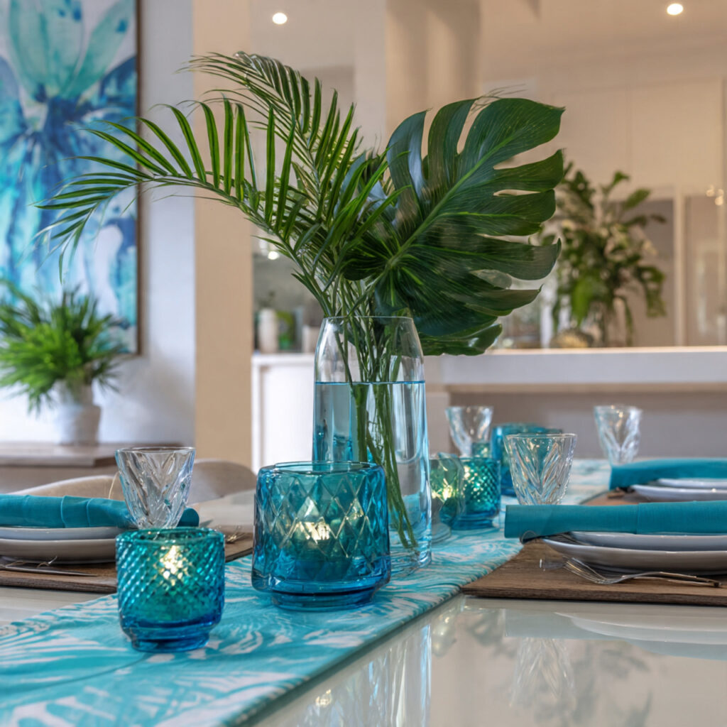 Aqua and White Tropical Spring Table With Bold Leaf Accents