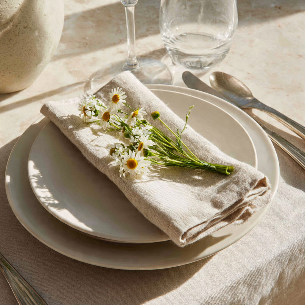 Folded Napkin With Flower Stem at Every Place