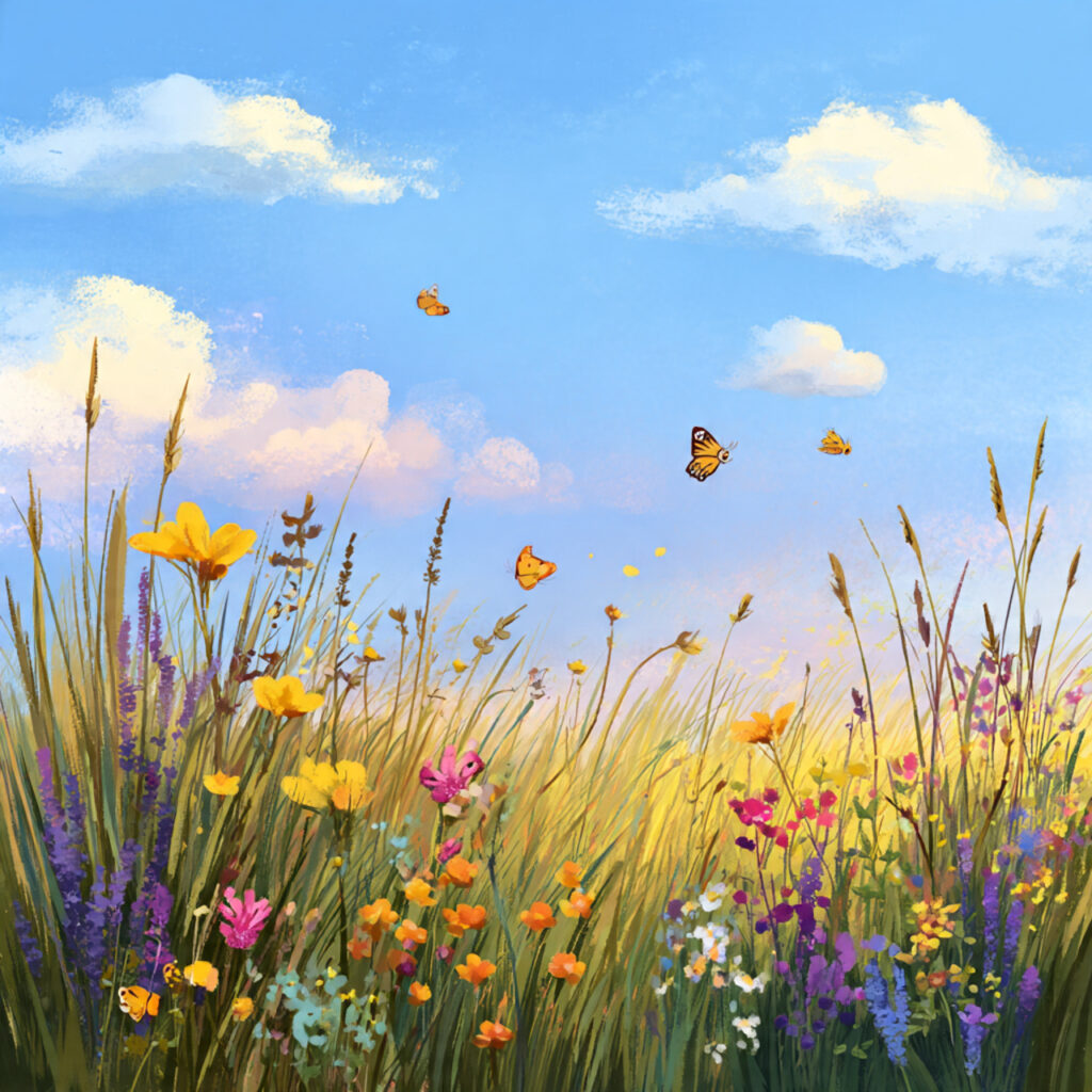 Full Spring Meadow Illustration With Wildflowers and Blue Sky