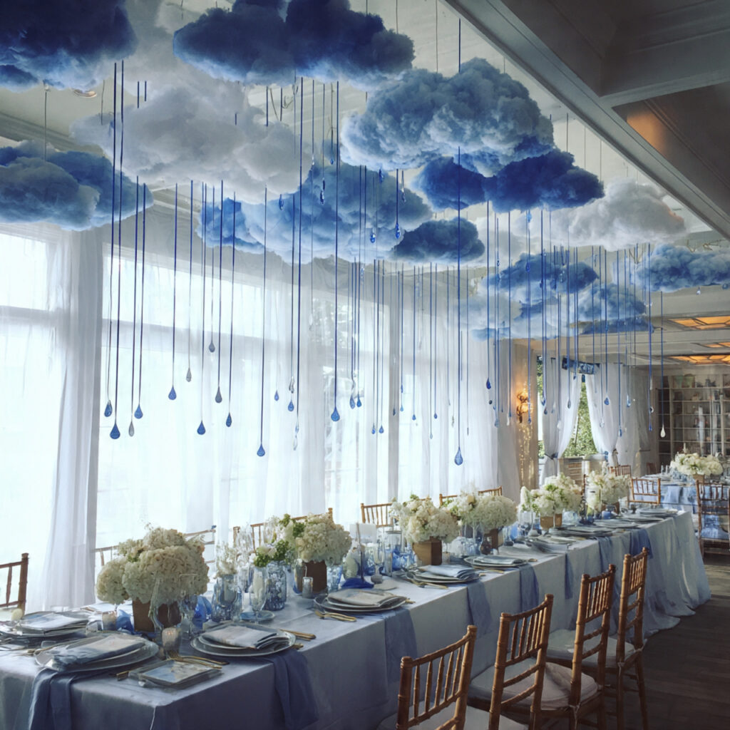 19 April Showers Table Decorations That Create a Fresh Rainy Spring Theme Start Styling Your Table Today 12 Rain Cloud Balloon or Paper Decoration Above the Table